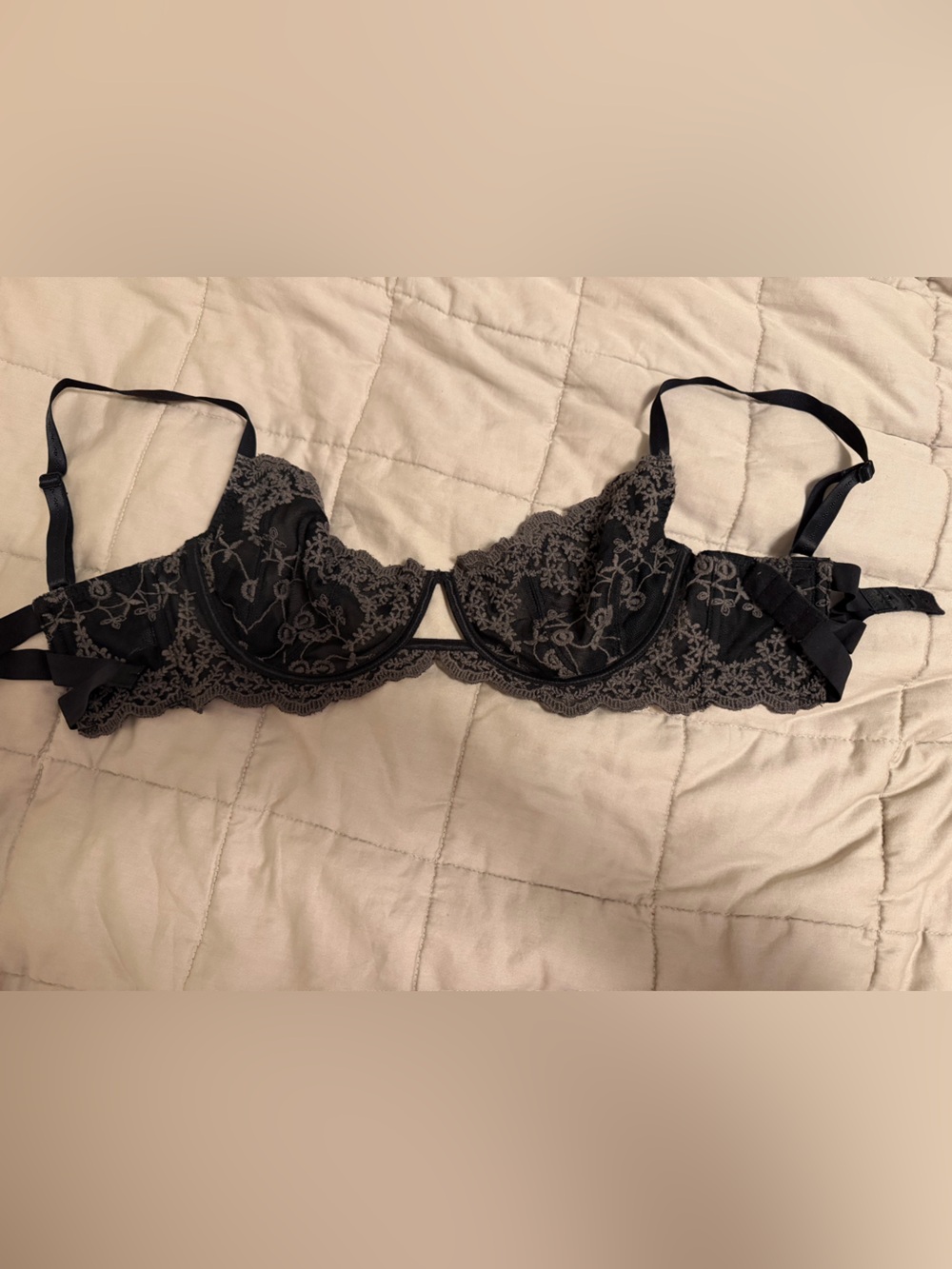 Free People Black Bra with Gray Lace Embroidery